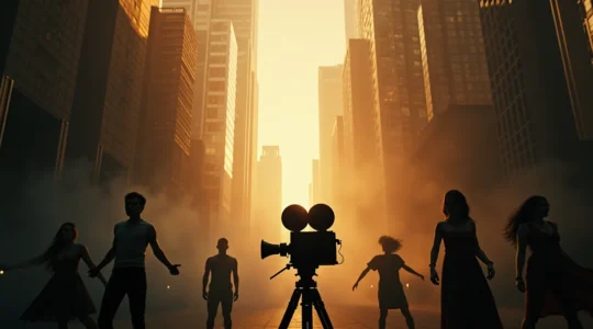 Une représentation symbolique du cinéma comme septième art, combinant différents arts visuels et sonores dans une composition cinématographique