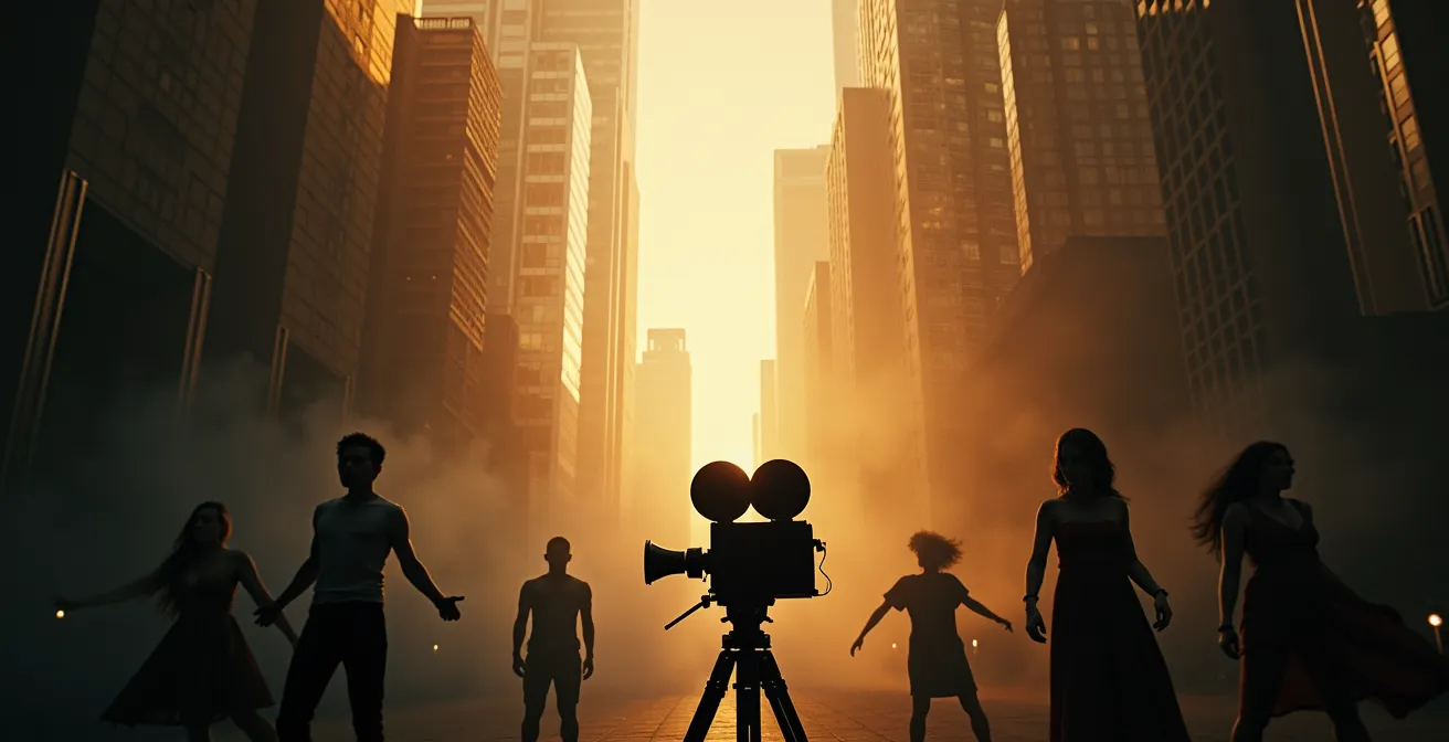 Une représentation symbolique du cinéma comme septième art, combinant différents arts visuels et sonores dans une composition cinématographique