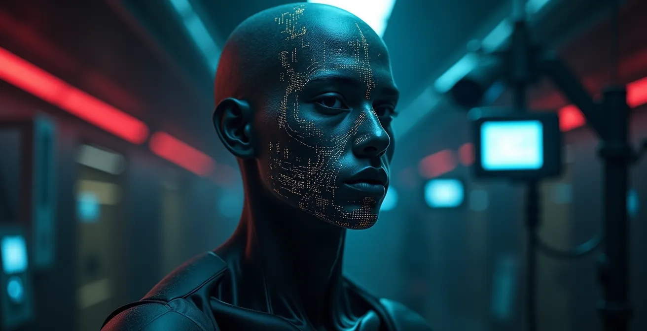 Image symbolique d’une silhouette humaine avec un visage partiellement numérique, entourée d’un réseau de surveillance futuriste