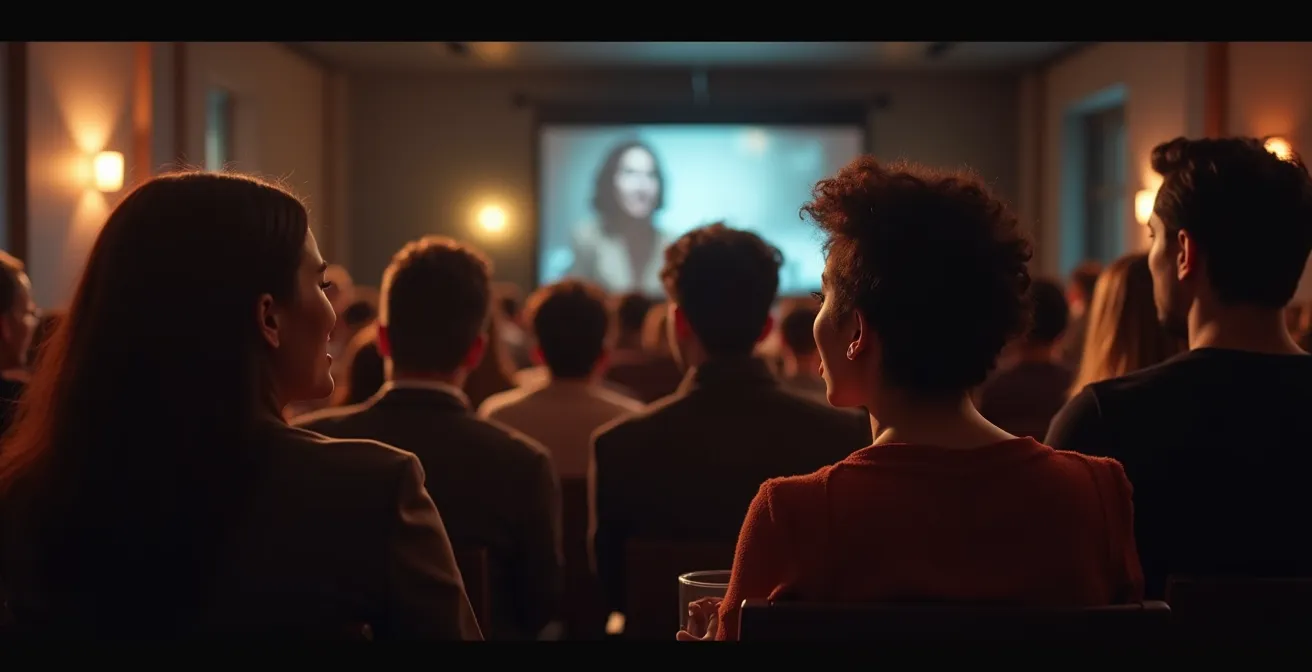 Groupe diversifié de personnes discutant avec enthousiasme après une projection de film dans une salle obscure, lumière tamisée, ambiance chaleureuse et intellectuelle