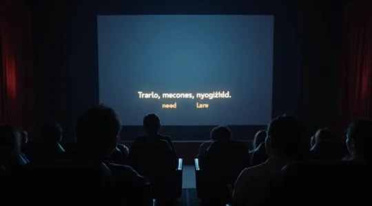 Une scène cinématographique avec des sous-titres colorés adaptés aux sourds et malentendants, symbolisant l'accessibilité invisible
