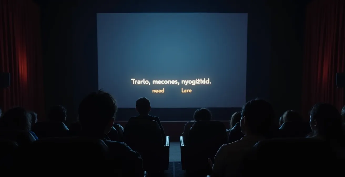 Une scène cinématographique avec des sous-titres colorés adaptés aux sourds et malentendants, symbolisant l'accessibilité invisible