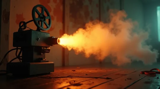 Image symbolique représentant un vieux projecteur de film vintage diffusant une lumière vibrante sur une pellicule restaurée, mêlant l'ancien et le numérique