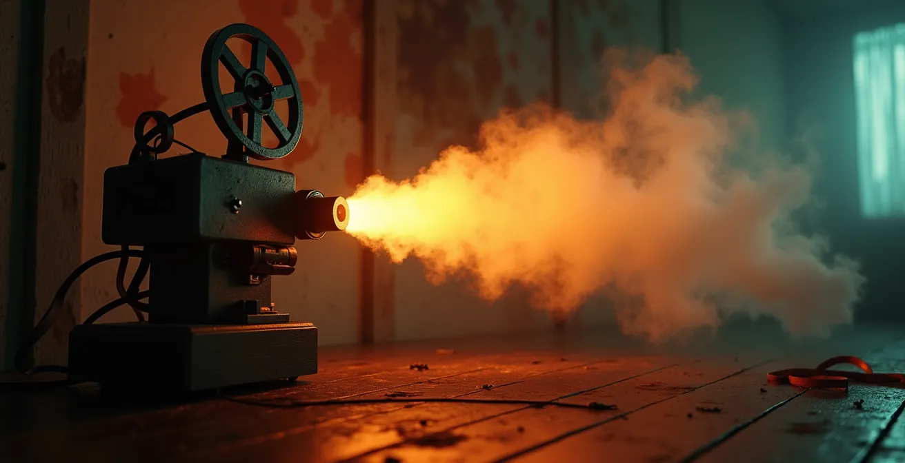 Image symbolique représentant un vieux projecteur de film vintage diffusant une lumière vibrante sur une pellicule restaurée, mêlant l'ancien et le numérique