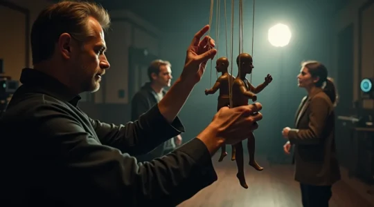 Une représentation symbolique d'un réalisateur manipulant une scène de film, mêlant images et émotions pour capturer l'essence de la mise en scène