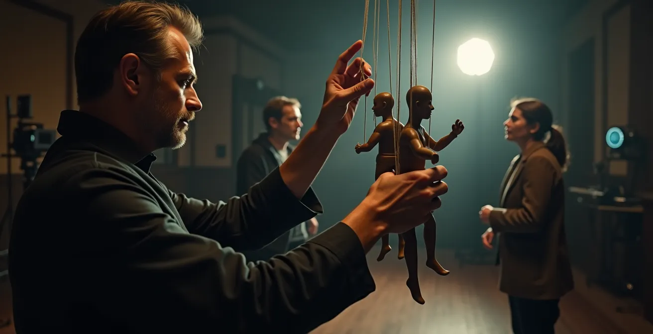 Une représentation symbolique d'un réalisateur manipulant une scène de film, mêlant images et émotions pour capturer l'essence de la mise en scène