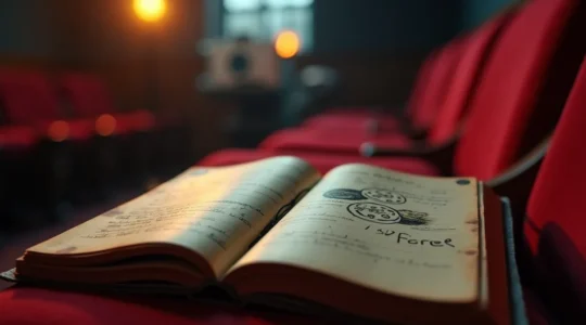 Une main tenant un carnet ouvert avec des notes sur des films, posé sur un siège de cinéma vide, avec un projecteur en arrière-plan flou.