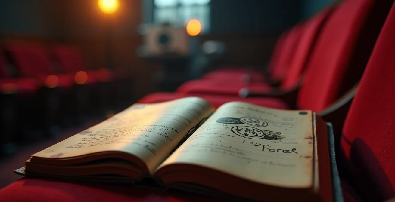 Une main tenant un carnet ouvert avec des notes sur des films, posé sur un siège de cinéma vide, avec un projecteur en arrière-plan flou.