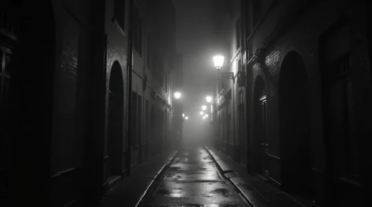 Une scène urbaine nocturne avec des ombres profondes, des rues étroites éclairées par des lampadaires diffusant une lumière blanche et noire, évoquant l'ambiance du film noir.