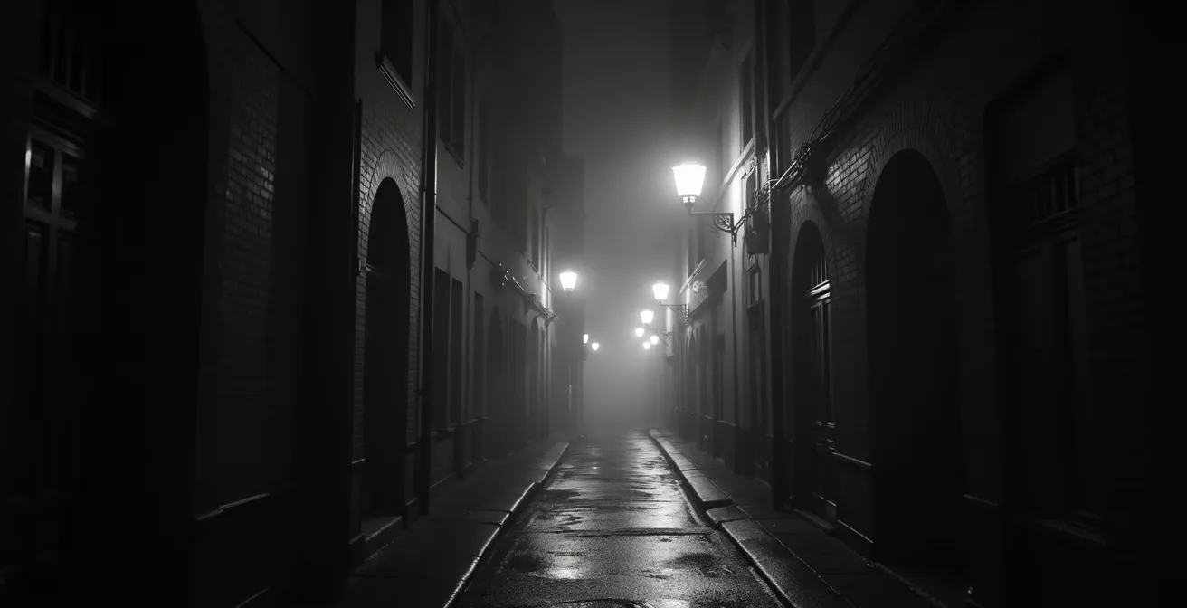 Une scène urbaine nocturne avec des ombres profondes, des rues étroites éclairées par des lampadaires diffusant une lumière blanche et noire, évoquant l'ambiance du film noir.