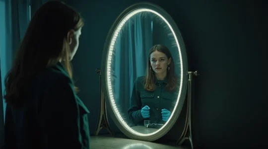 Illustration symbolique montrant un miroir reflétant des scènes de science-fiction mêlées à des visages humains exprimant l'angoisse contemporaine