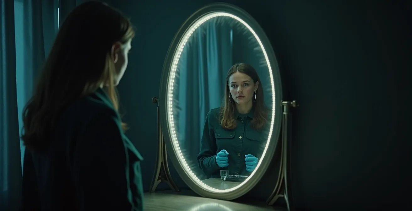 Illustration symbolique montrant un miroir reflétant des scènes de science-fiction mêlées à des visages humains exprimant l'angoisse contemporaine