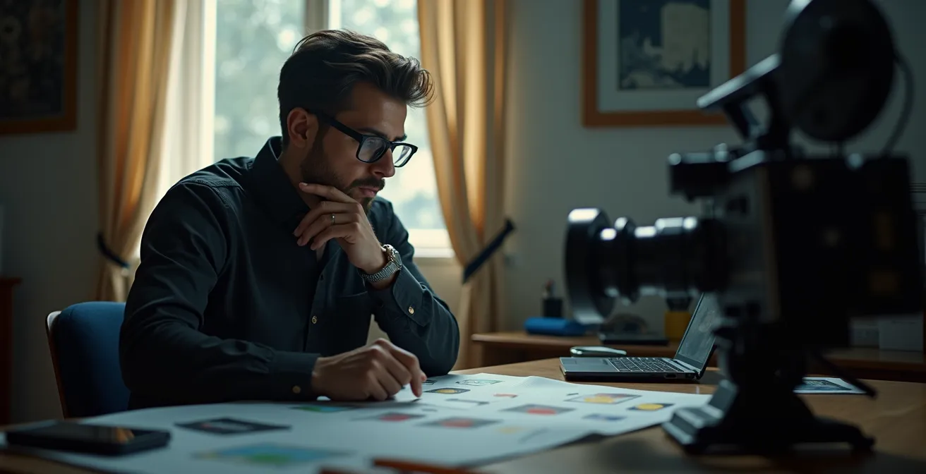 Portrait symbolique d'un réalisateur créatif au travail, entouré d'éléments cinématographiques emblématiques