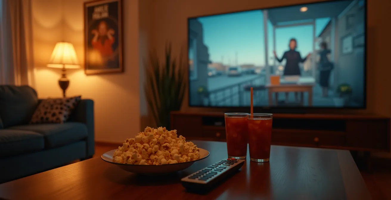 Une table basse avec des bols de popcorn, des verres de soda, une affiche de film au mur et une télévision allumée montrant une scène de film.