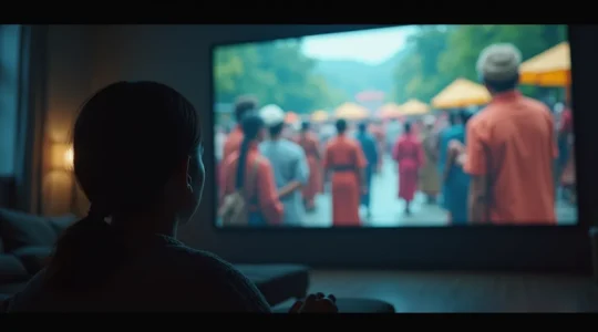 Un homme regardant un écran géant où s'affichent des scènes culturelles diverses, illustrant l'immersion documentaire