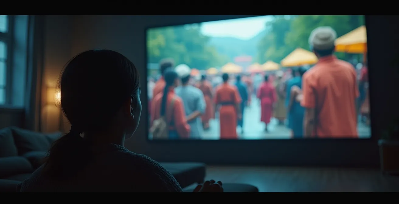Un homme regardant un écran géant où s'affichent des scènes culturelles diverses, illustrant l'immersion documentaire