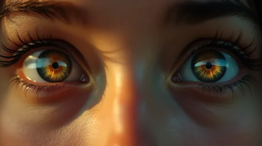 Une image cinématographique symbolique représentant des yeux humains reflétant des scènes de films multiculturels dans un style cinématographique