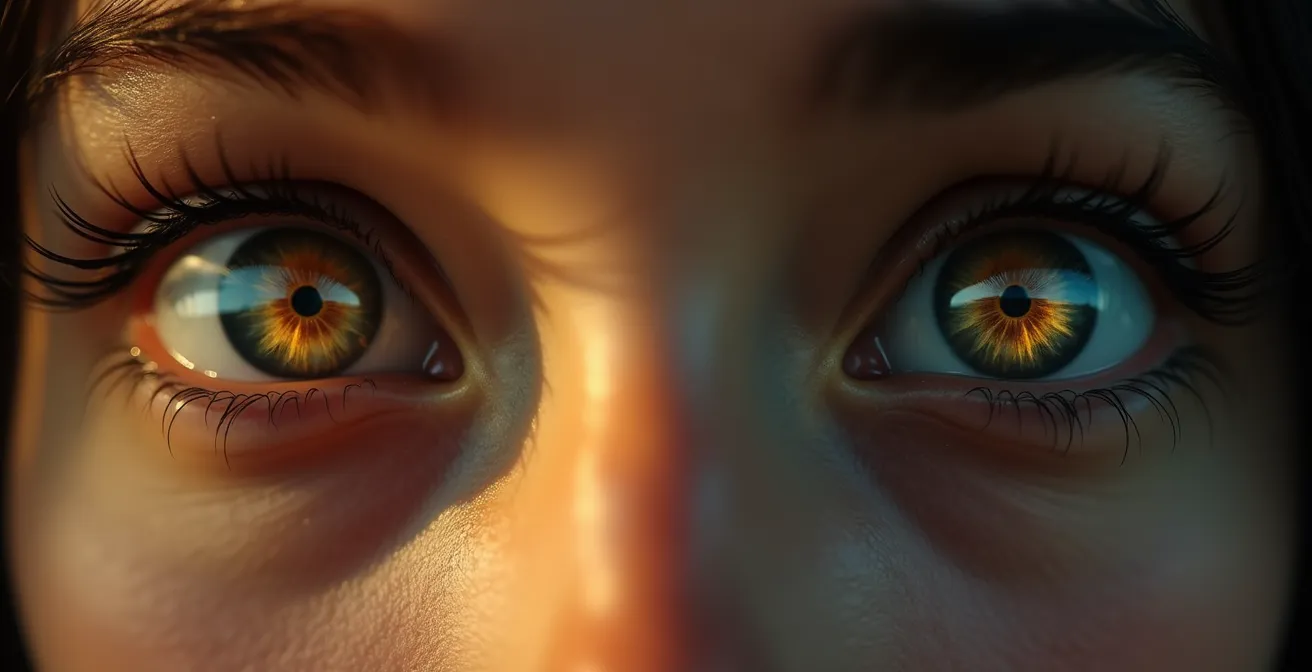 Une image cinématographique symbolique représentant des yeux humains reflétant des scènes de films multiculturels dans un style cinématographique