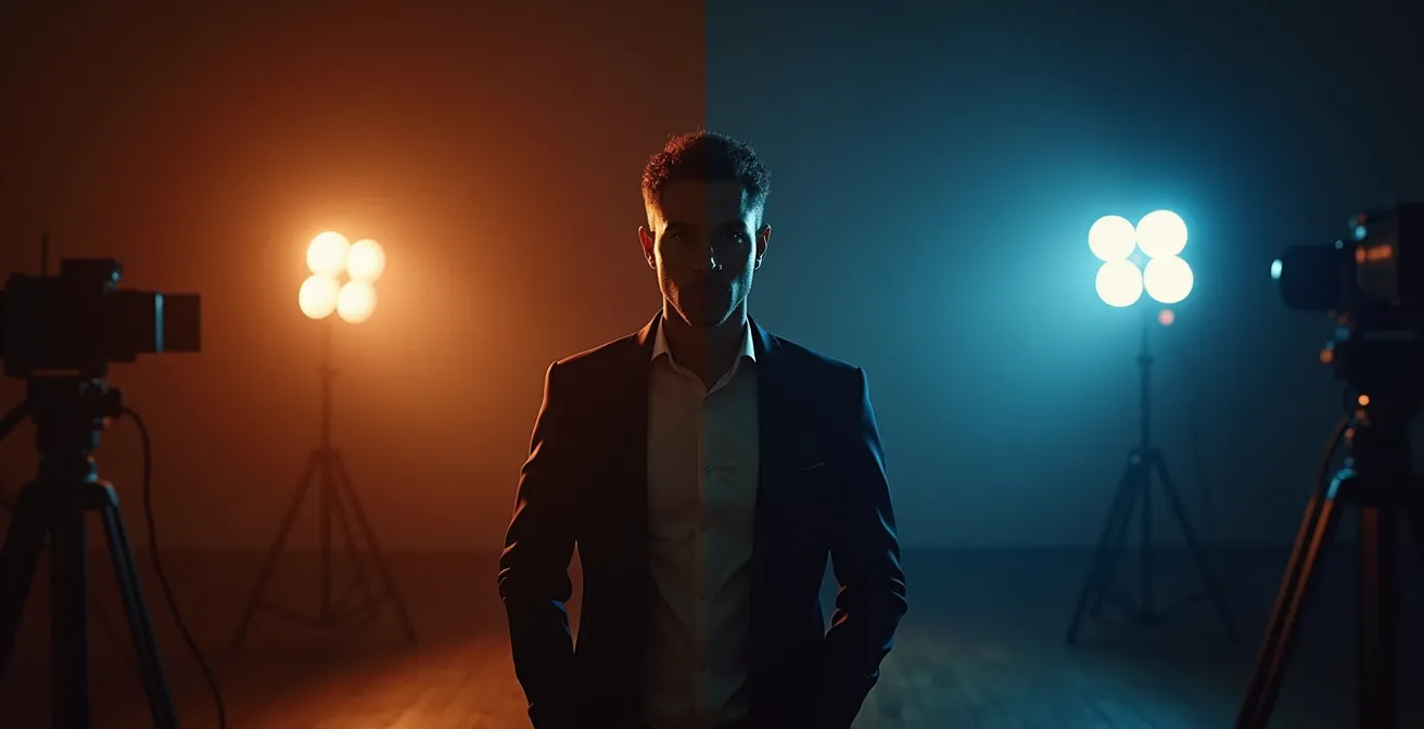 Portrait divisé montrant un acteur sous les projecteurs de théâtre d'un côté et face à une caméra de cinéma de l'autre