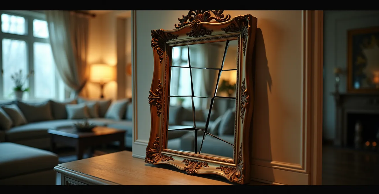 Miroir fragmenté reflétant différentes perspectives d'une même scène, symbolisant la personnalisation algorithmique