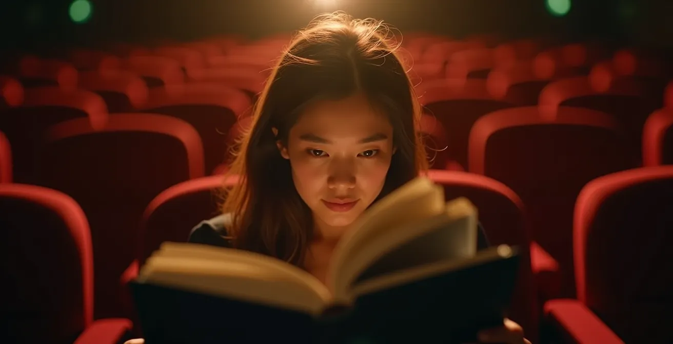 Personne tenant un livre ouvert face à un écran de cinéma flou en arrière-plan