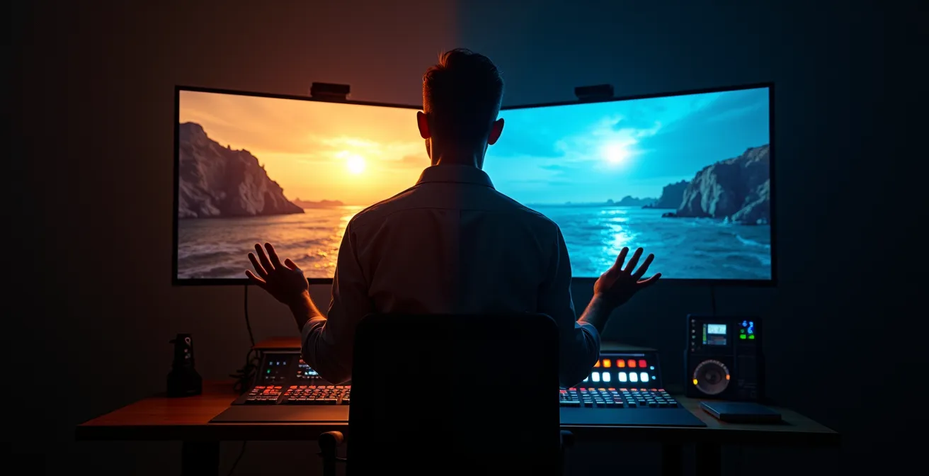 Projection côte à côte d'un tableau classique et d'un plan de film correspondant dans une salle de montage, montrant les similitudes de composition