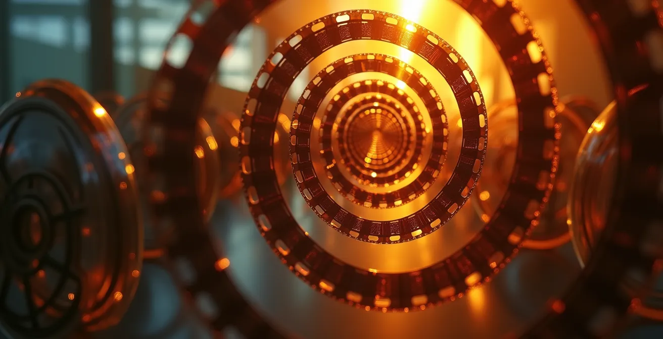 Composition abstraite montrant la temporalité narrative des séries avec spirales et couches superposées