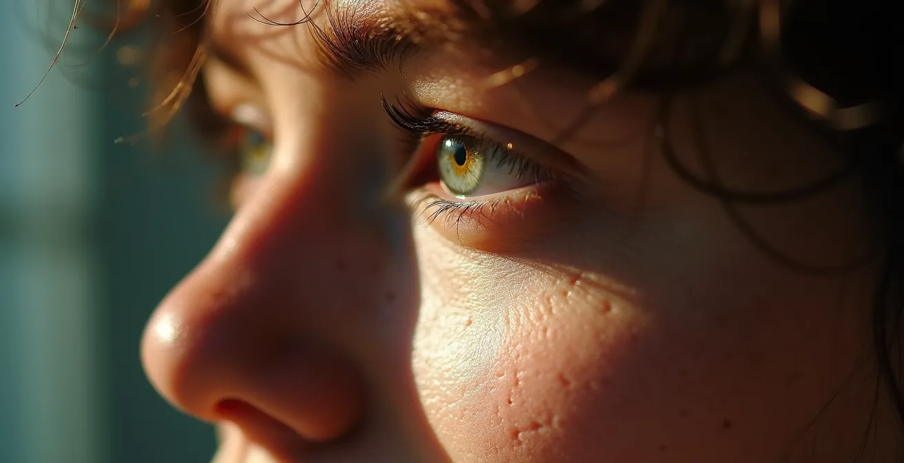 Très gros plan sur l'expression subtile d'un acteur capturant la complexité de l'émotion jouée