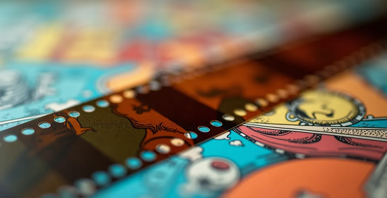Planches de BD floues avec pellicule cinéma au premier plan