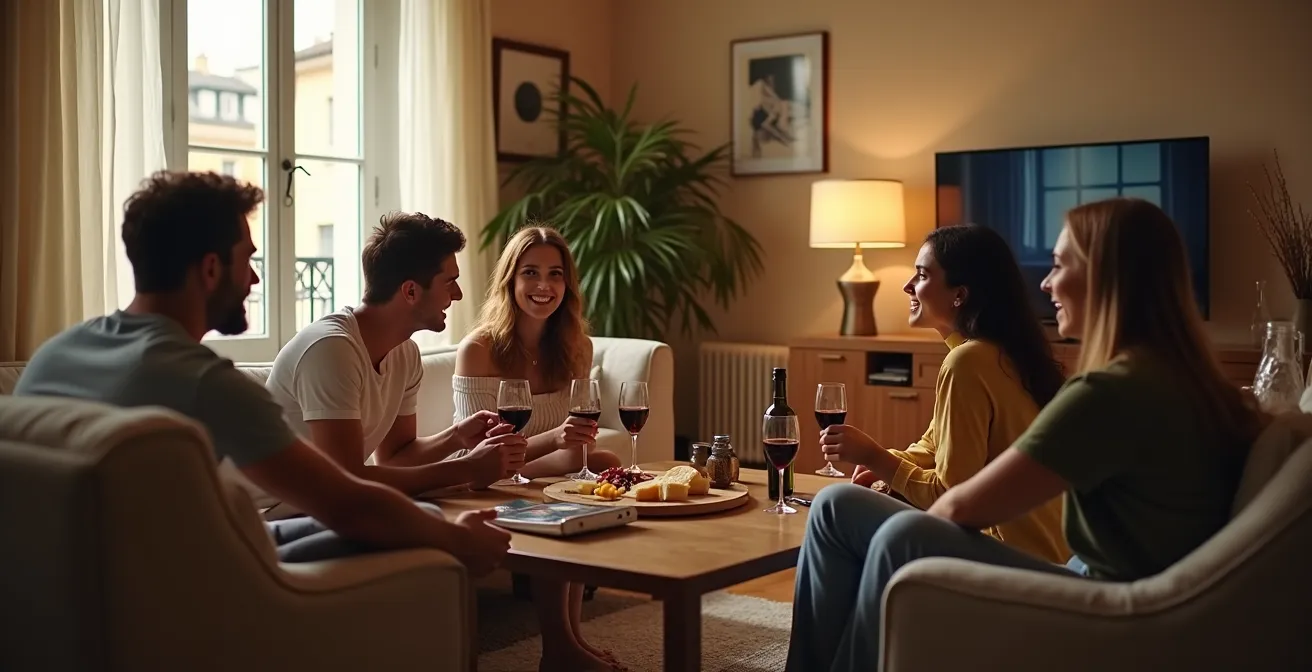 Groupe d'amis dans un salon français typique faisant une pause apéro entre deux épisodes, ambiance chaleureuse et conviviale