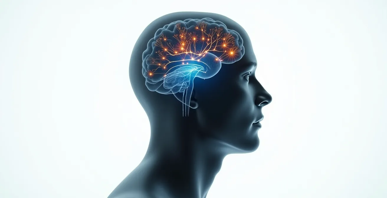 Vue latérale stylisée d'une tête humaine avec zones cérébrales illuminées suggérant l'activité neuronale