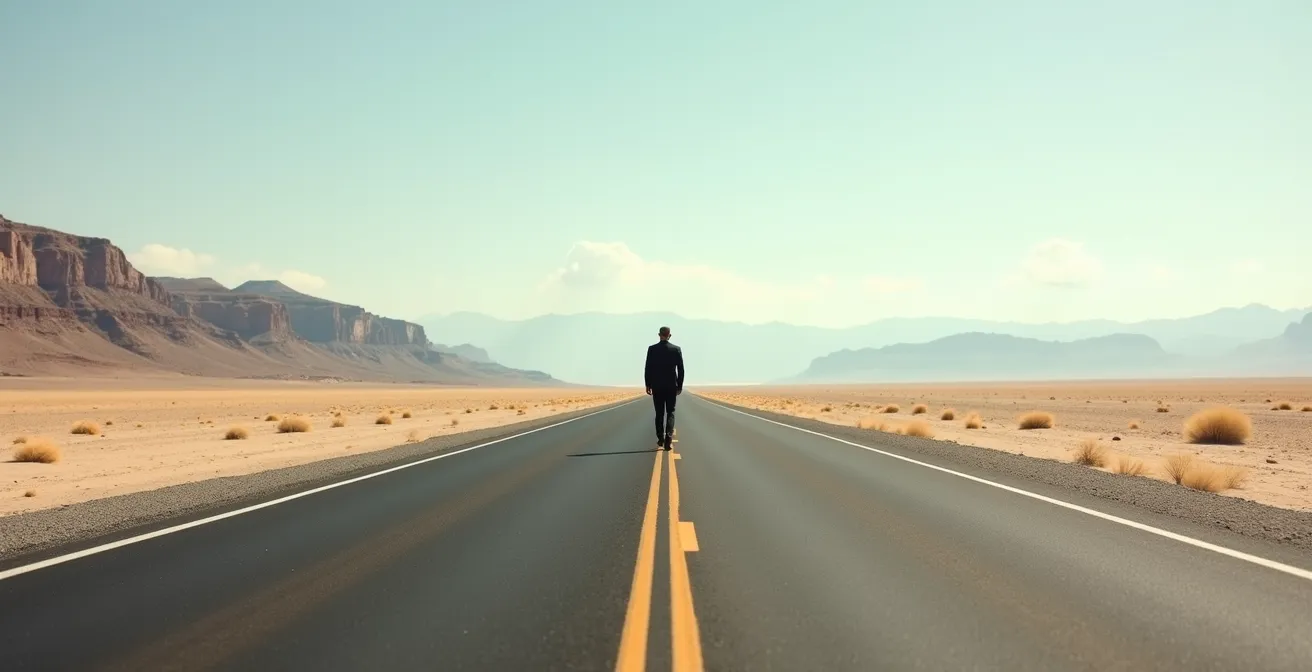 Paysage minimaliste montrant une route qui s'étend à l'infini