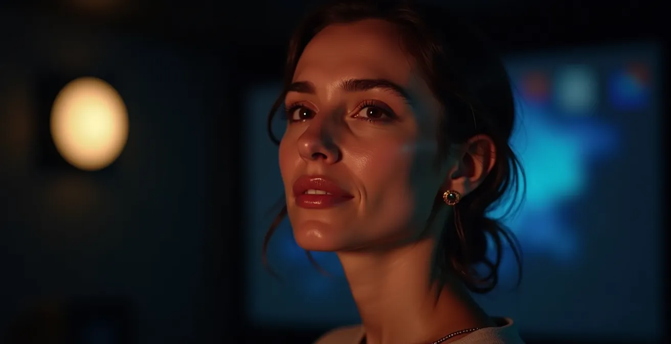 Visage d'actrice française avec expression neutre éclairée par projection cinématographique