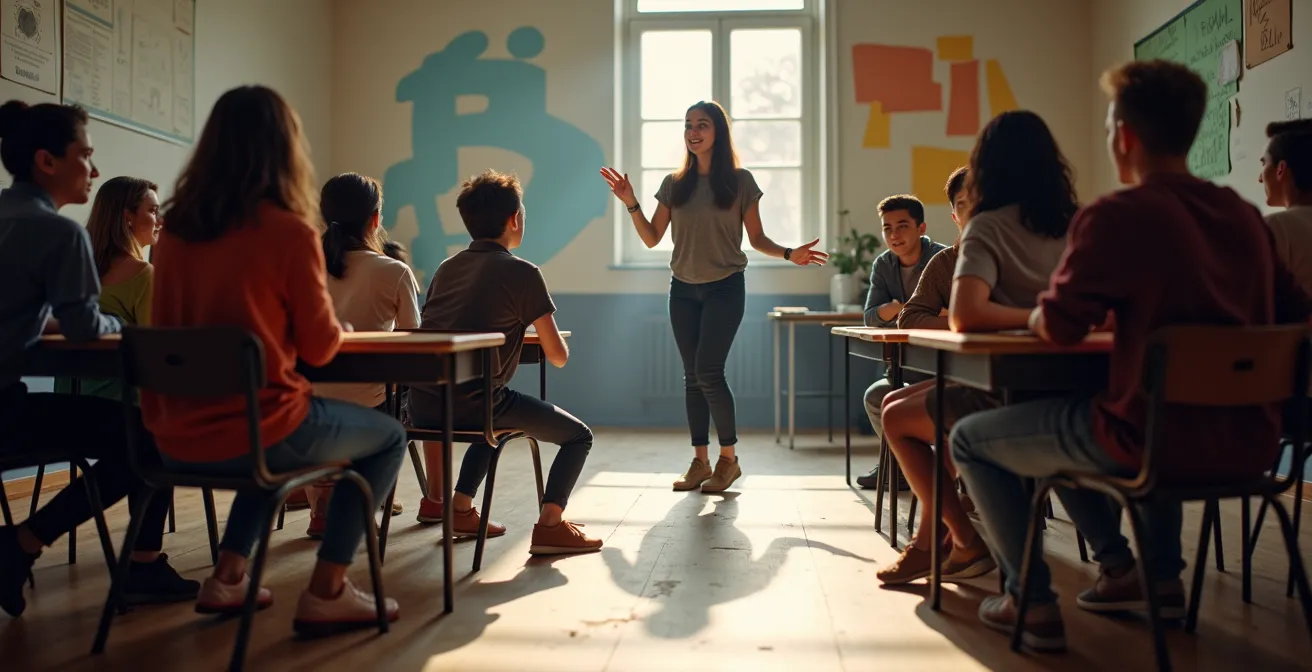 Atelier de pratique théâtrale dans une salle de classe avec élèves en cercle et intervenant artistique