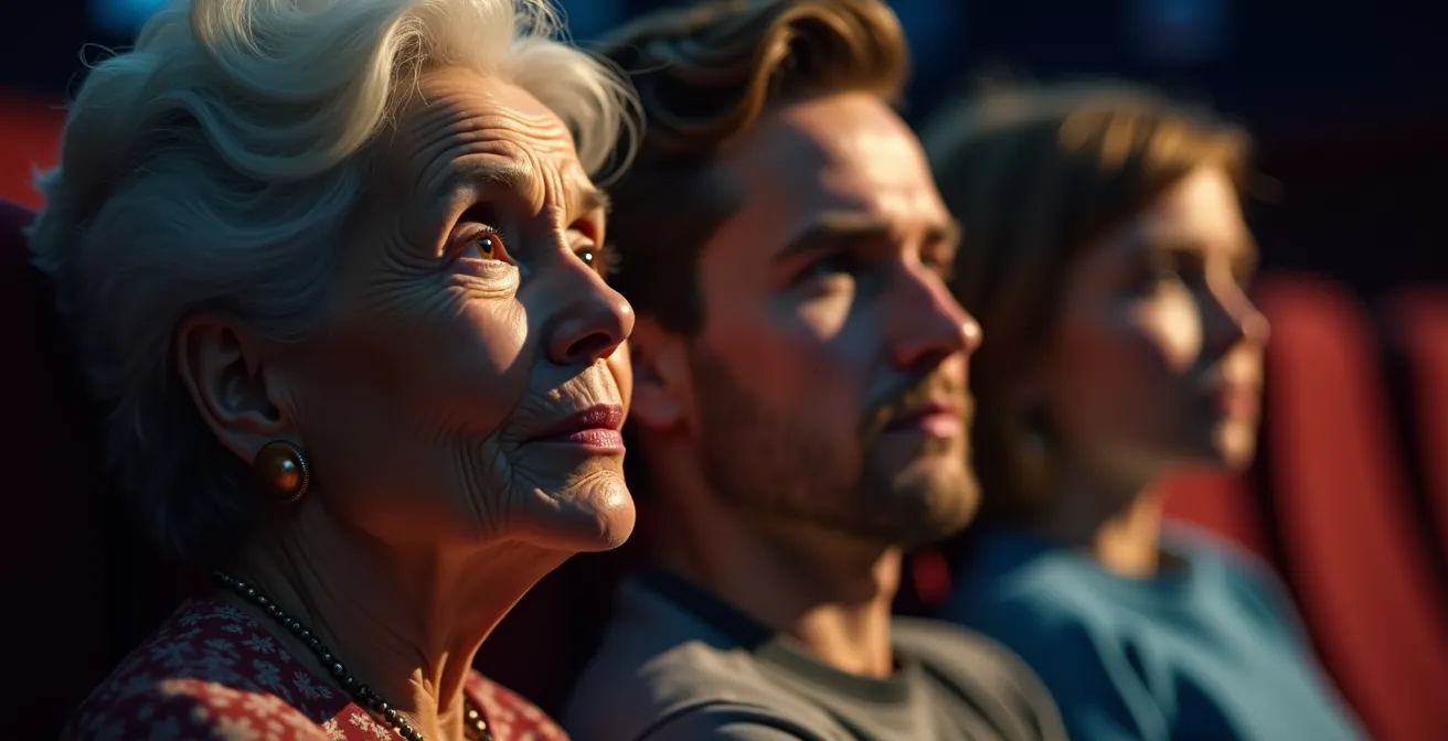 Gros plan sur des visages de spectateurs émus dans une salle de cinéma, larmes et sourires mélangés