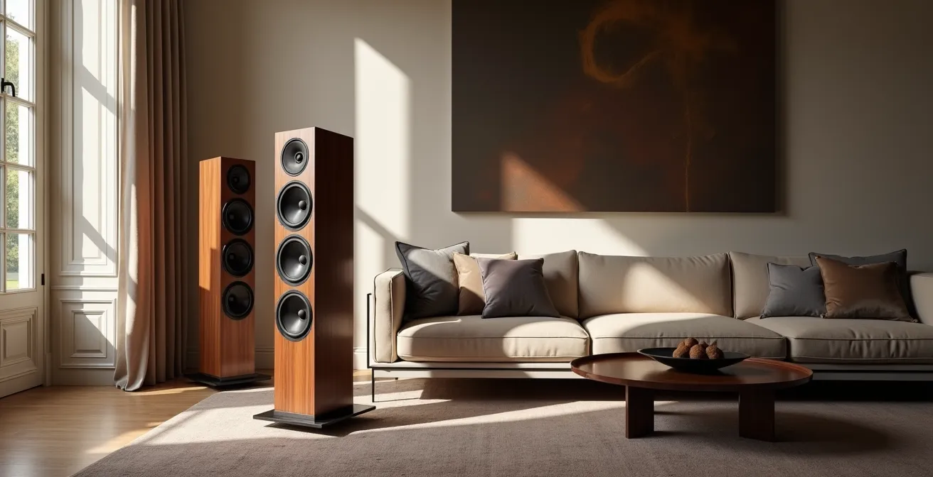 Enceintes hi-fi design Focal exposées dans un salon français moderne, mises en valeur comme objets d'art