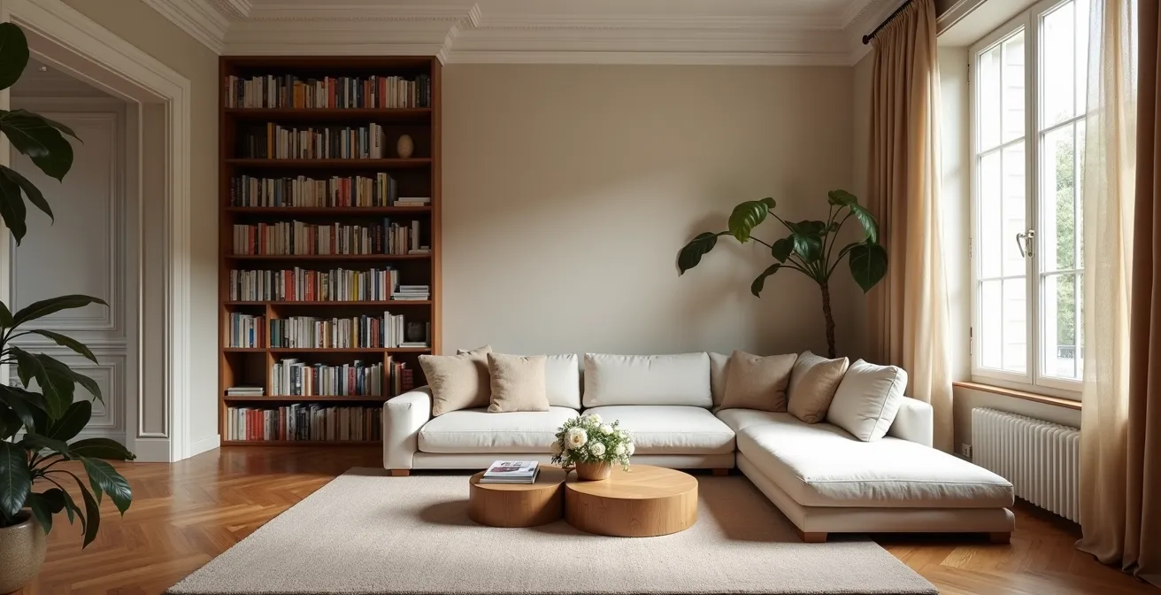 Vue d'ensemble d'un salon français montrant l'équilibre entre surfaces absorbantes et réfléchissantes