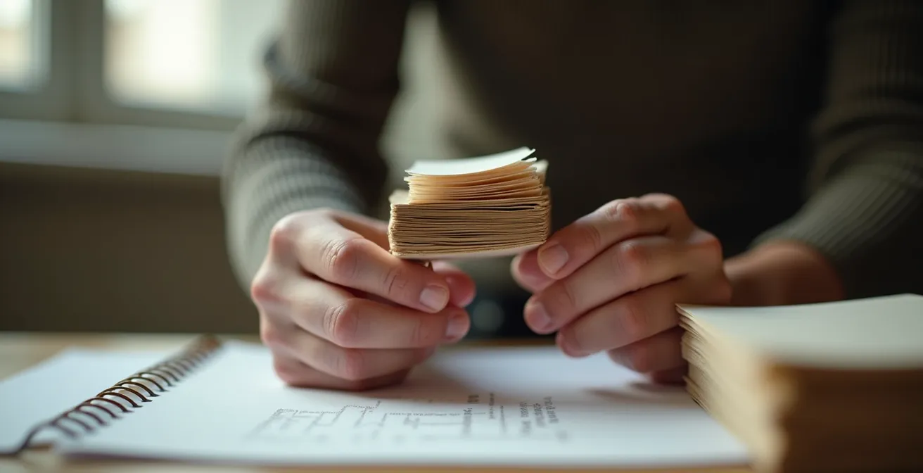 Mains d'un scénariste tenant deux éléments en équilibre au-dessus d'un bureau de travail parisien