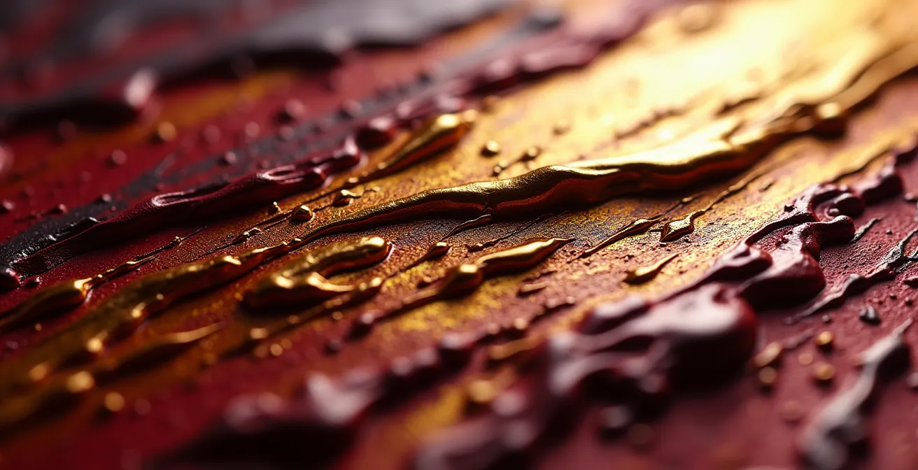 Plan macro extrême sur une texture de peinture à l'huile avec ses reliefs et empâtements, métaphore de la sur-esthétisation au cinéma