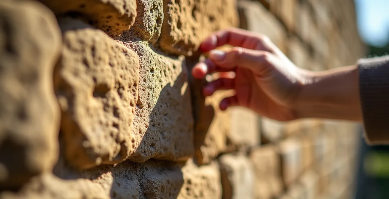Visiteur seul traversant un espace architectural baigné de lumière naturelle