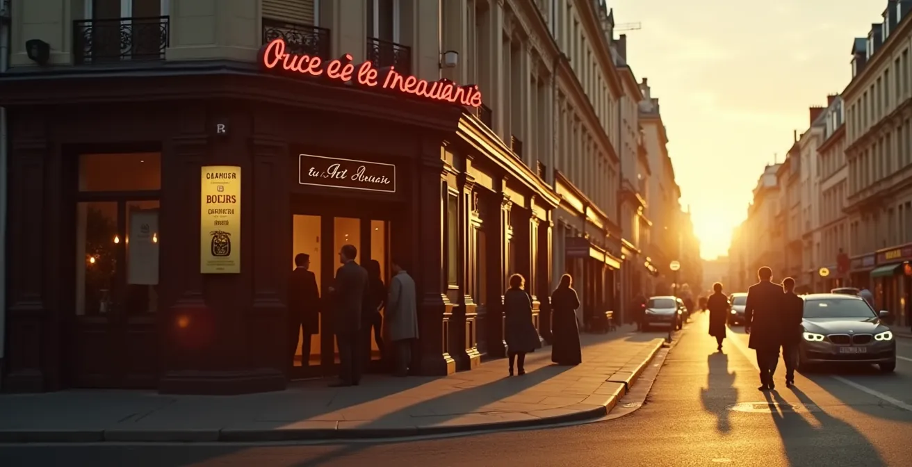Façade chaleureuse d'un cinéma indépendant Art et Essai dans une rue parisienne au crépuscule