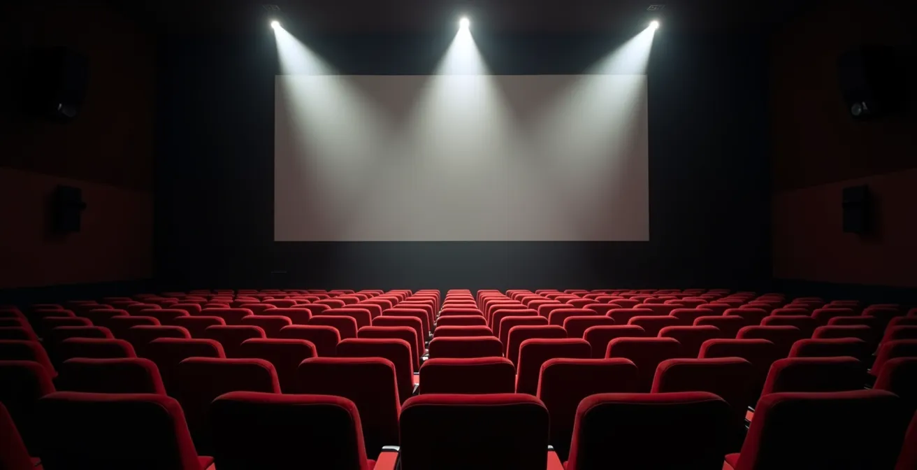 Salle de cinéma française avec rangées de sièges vides et projection lumineuse suggérant le passage du temps