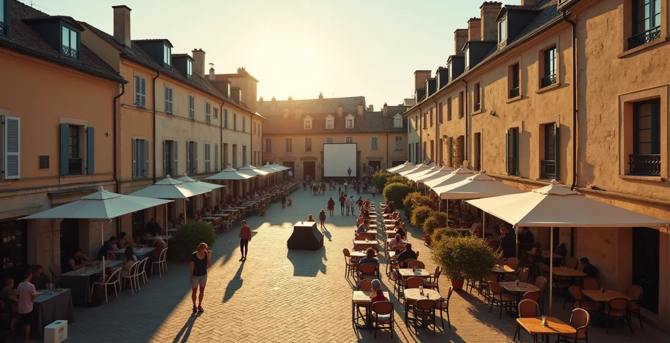Vue aérienne d'une ville française animée pendant un festival avec terrasses pleines et rues piétonnes actives