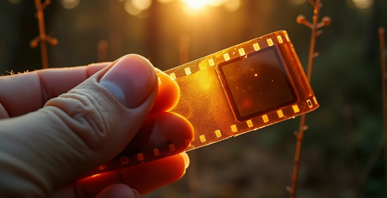 Gros plan sur mains tenant une vieille bobine de film avec reflets dorés