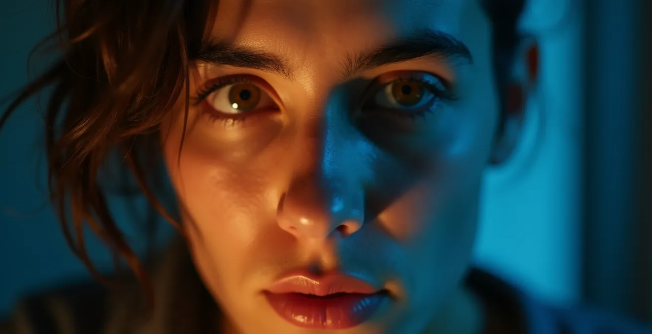 Métaphore visuelle de la transformation intérieure d'un personnage à travers un visage scindé par la lumière et l'ombre.