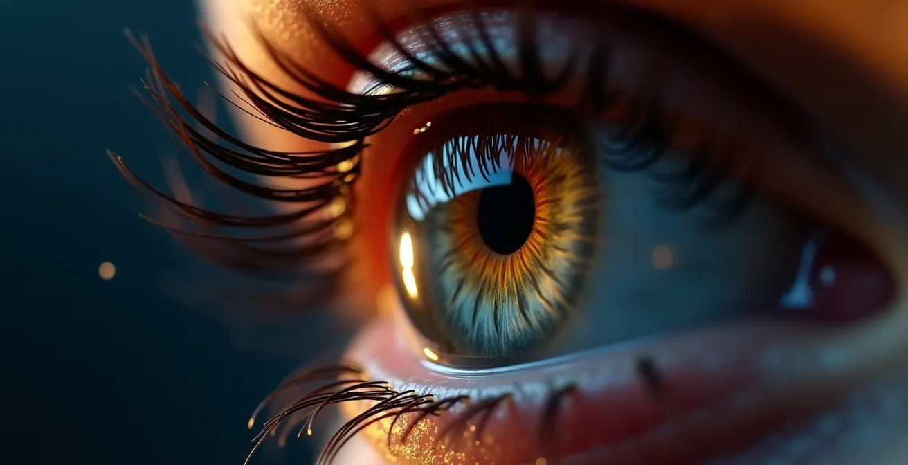 Gros plan extrême sur l'œil d'un spectateur avec le reflet subtil de la lumière de projection