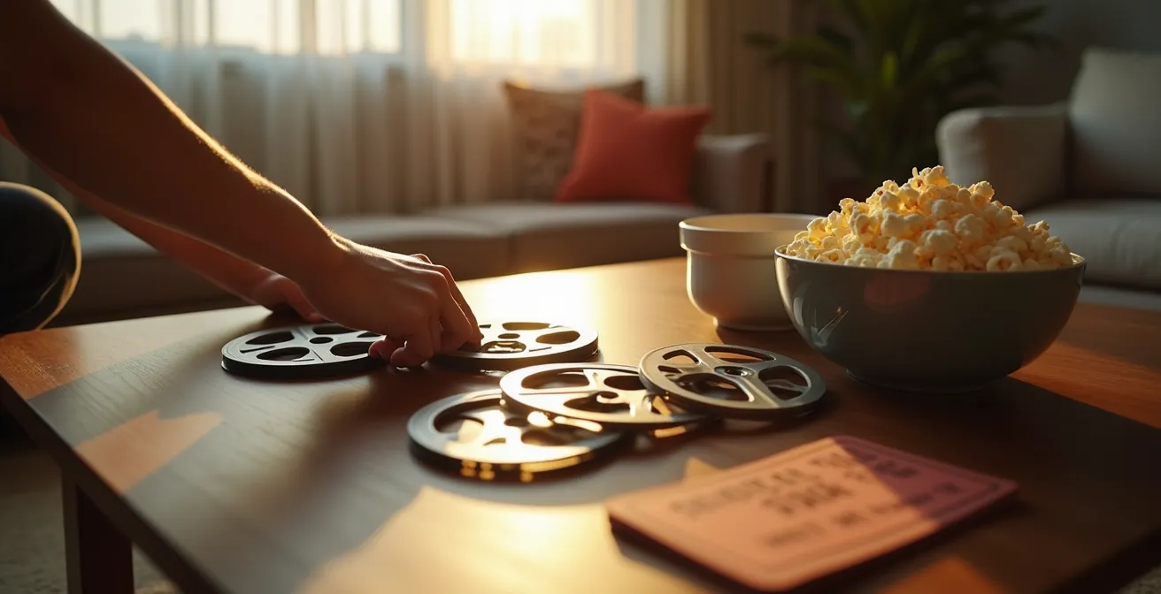 Installation confortable pour marathon de films avec coussins et plaids dans un salon français