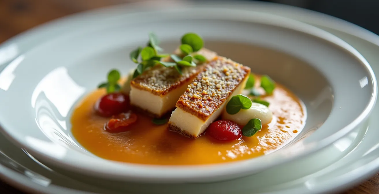 Gros plan sur une assiette gastronomique française élégante avec présentation sophistiquée et couverts en argent