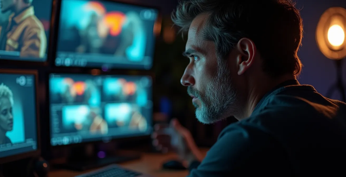 Salle de montage cinématographique moderne avec écrans multiples montrant des séquences de film en cours d'édition