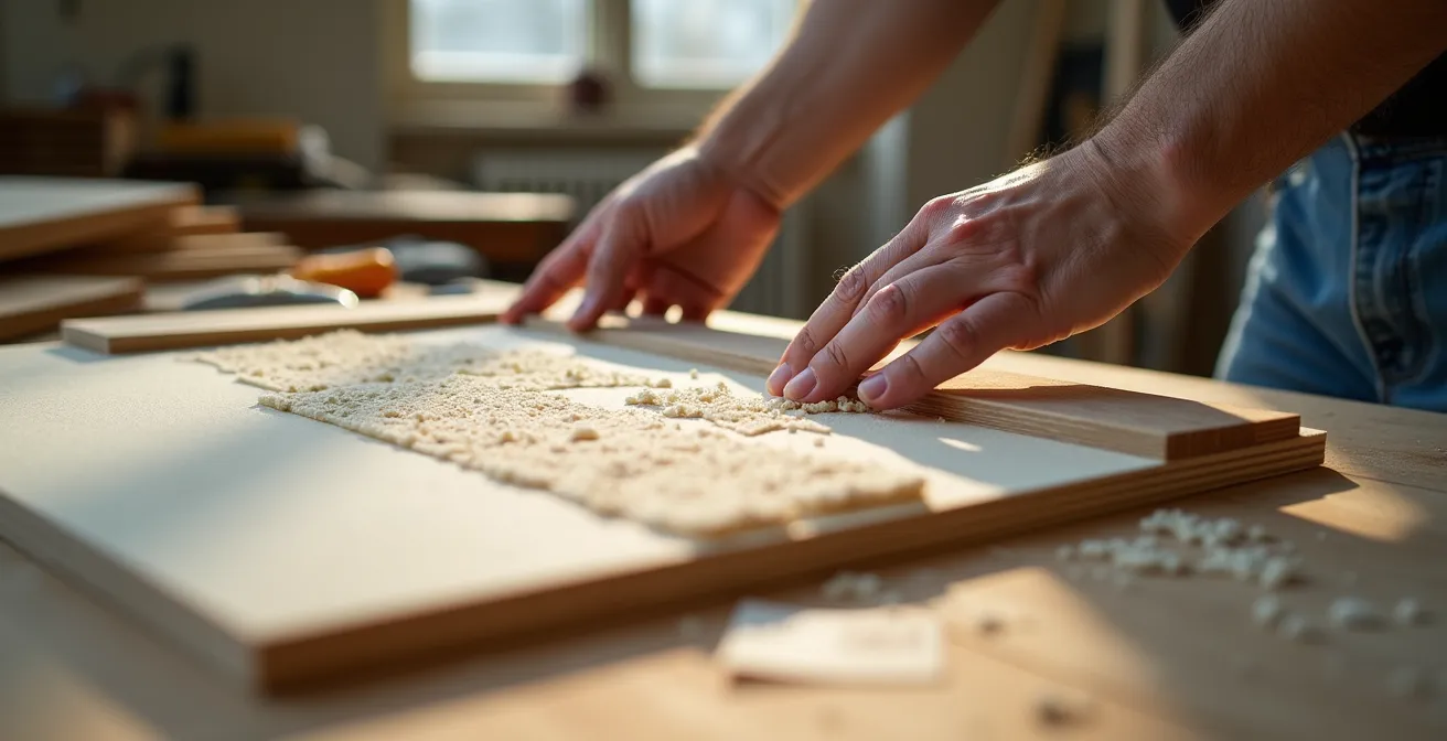 Mains assemblant un panneau acoustique avec tasseaux de bois et laine de roche dans un atelier